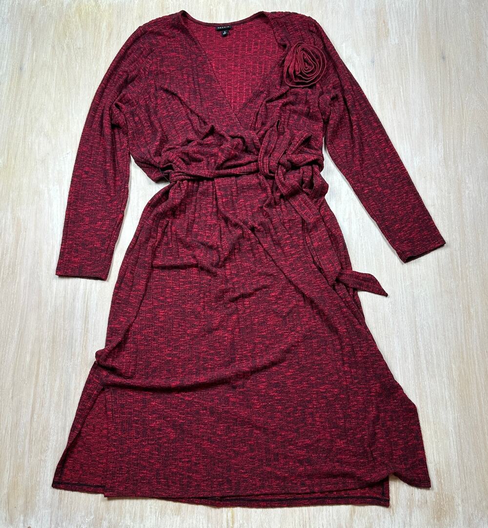 Torrid Burgundy Marled Rib Knit Faux Wrap Tie Waist Midi Dress Floral Accent 2X